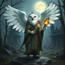 A short female snowy owl Aarakocra cleric standing with her wings partially spread, adorned in ornate robes and holding a glowing staff