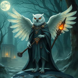 A short female snowy owl Aarakocra cleric standing with her wings partially spread, adorned in ornate robes and holding a glowing staff