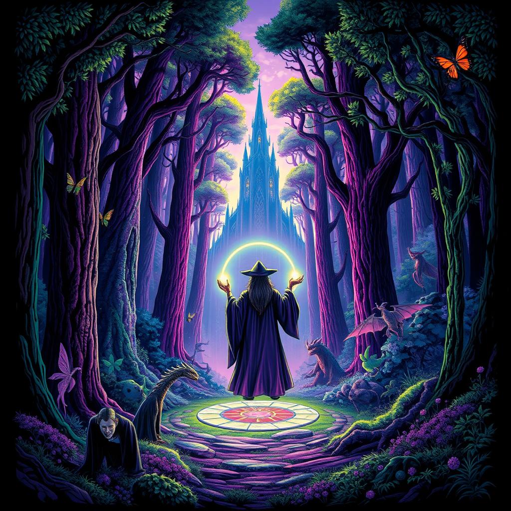 A vibrant poster depicting a dense and magical forest with towering trees and mystical creatures like fairies and dragons