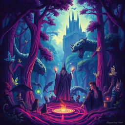 A vibrant poster depicting a dense and magical forest with towering trees and mystical creatures like fairies and dragons