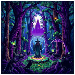 A vibrant poster depicting a dense and magical forest with towering trees and mystical creatures like fairies and dragons