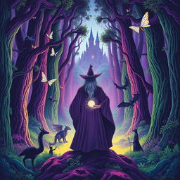 A vibrant poster depicting a dense and magical forest with towering trees and mystical creatures like fairies and dragons