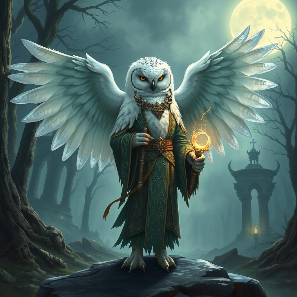 A short female snowy owl Aarakocra cleric standing with her wings partially spread, adorned in ornate robes and holding a glowing staff