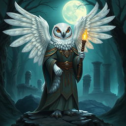 A short female snowy owl Aarakocra cleric standing with her wings partially spread, adorned in ornate robes and holding a glowing staff