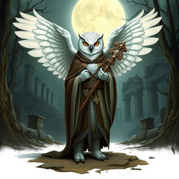 A short female snowy owl Aarakocra cleric standing with her wings partially spread, adorned in ornate robes and holding a glowing staff