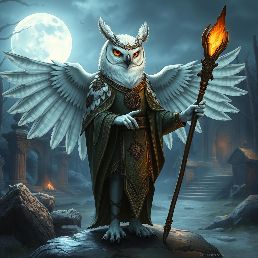 A short female snowy owl Aarakocra cleric standing with her wings partially spread, adorned in ornate robes and holding a glowing staff