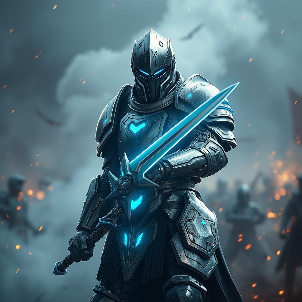 A knight wearing cybernetic plate armor, with glowing blue accents, standing in a futuristic battlefield and wielding a high-tech sword