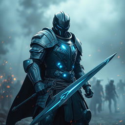 A knight wearing cybernetic plate armor, with glowing blue accents, standing in a futuristic battlefield and wielding a high-tech sword