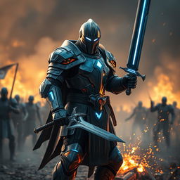 A knight wearing cybernetic plate armor, with glowing blue accents, standing in a futuristic battlefield and wielding a high-tech sword