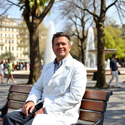 A man in a white coat is sitting on a bench in a public square