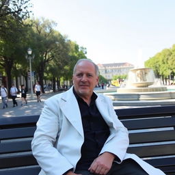 A man in a white coat is sitting on a bench in a public square