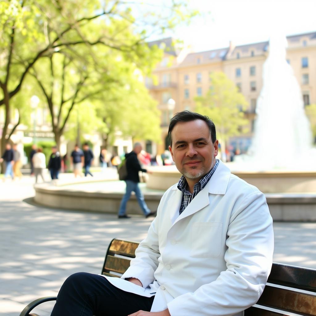 A man in a white coat is sitting on a bench in a public square