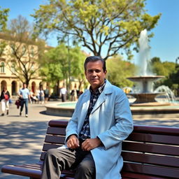 A man in a white coat is sitting on a bench in a public square