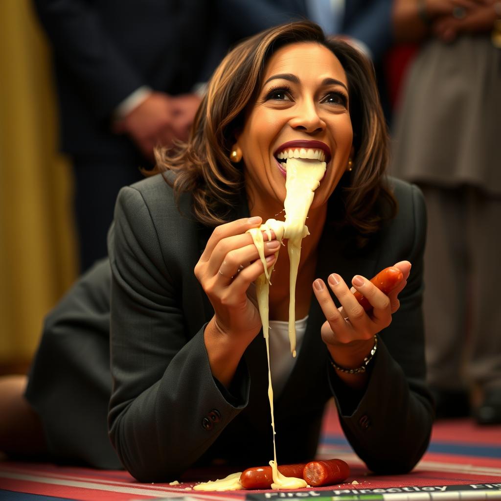 A happy Kamala Harris, the Vice President of the United States, is depicted on her knees, looking up and squeezing a kielbasa that's dripping white cheese on her mouth