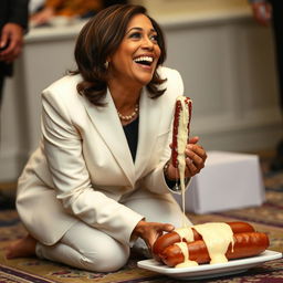 A happy Kamala Harris, the Vice President of the United States, is depicted on her knees, looking up and squeezing a kielbasa that's dripping white cheese on her mouth