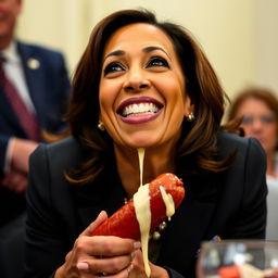 A happy Kamala Harris, the Vice President of the United States, is depicted on her knees, looking up and squeezing a kielbasa that's dripping white cheese on her mouth