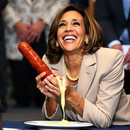 A happy Kamala Harris, the Vice President of the United States, is depicted on her knees, looking up and squeezing a kielbasa that's dripping white cheese on her mouth