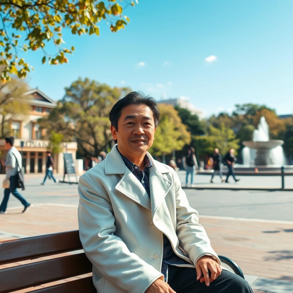 A Japanese man in a white coat is sitting on a bench in a public square