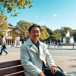 A Japanese man in a white coat is sitting on a bench in a public square