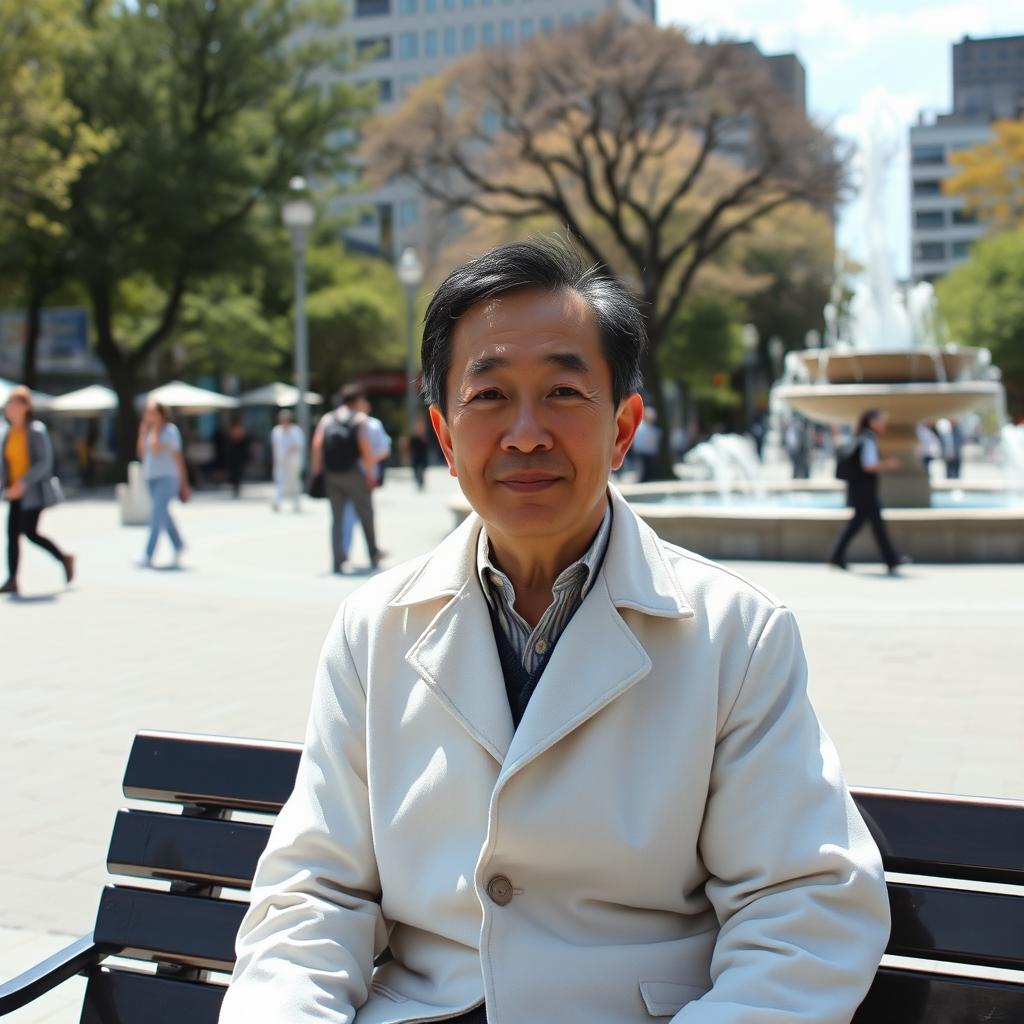 A Japanese man in a white coat is sitting on a bench in a public square