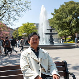 A Japanese man in a white coat is sitting on a bench in a public square