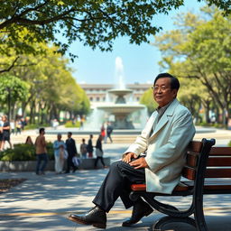 A Japanese man in a white coat is sitting on a bench in a public square