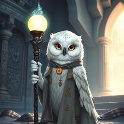 A small female Snowy Owl Aarakocra cleric, depicted in a fantasy setting