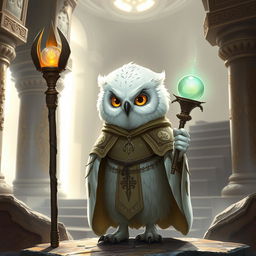 A small female Snowy Owl Aarakocra cleric, depicted in a fantasy setting