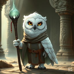 A small female Snowy Owl Aarakocra cleric, depicted in a fantasy setting