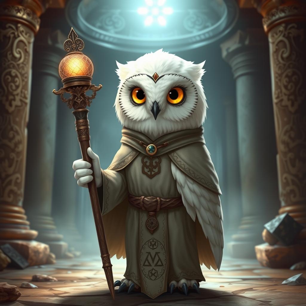 A small female Snowy Owl Aarakocra cleric, depicted in a fantasy setting