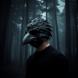 A person wearing a crow mask stands against the backdrop of a dark forest