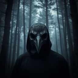 A person wearing a crow mask stands against the backdrop of a dark forest