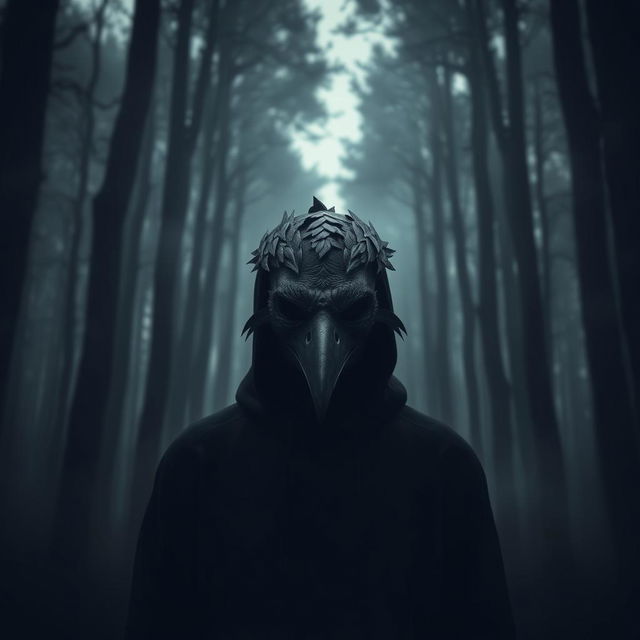 A person wearing a crow mask stands against the backdrop of a dark forest