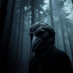 A person wearing a crow mask stands against the backdrop of a dark forest