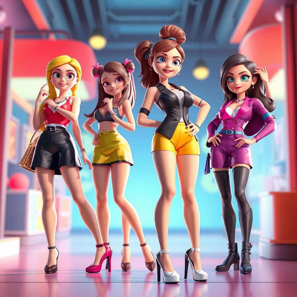 Create a 3D animation featuring attractive female characters in stylish outfits