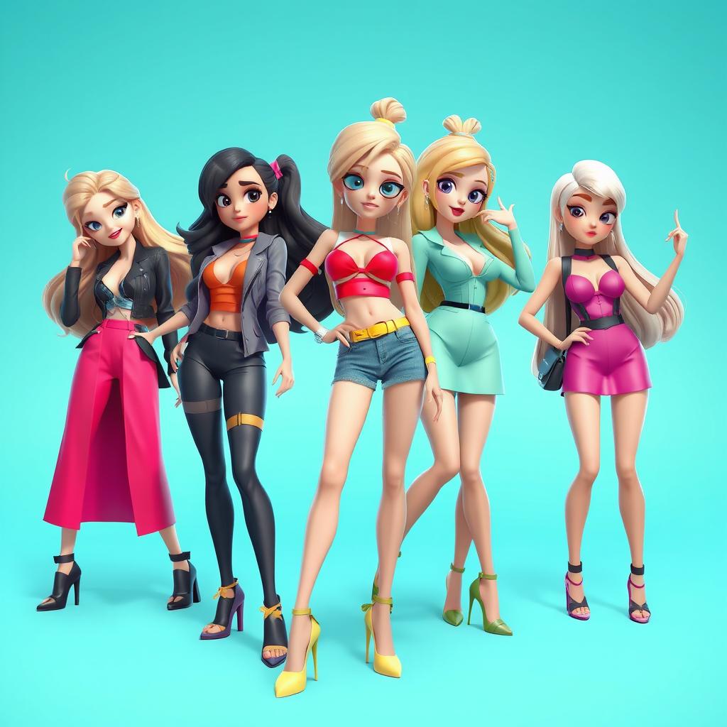 Create a 3D animation featuring attractive female characters in stylish outfits