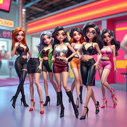 Create a 3D animation featuring attractive female characters in stylish outfits