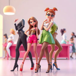 Create a 3D animation featuring attractive female characters in stylish outfits