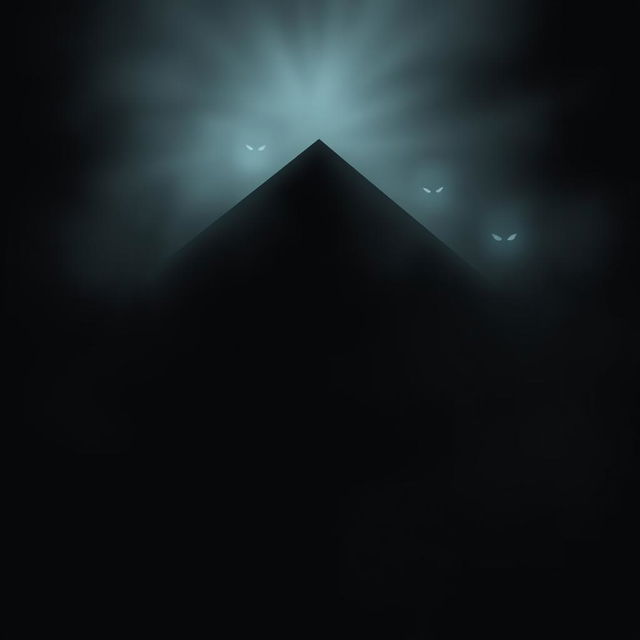 A dark poster featuring an old, dimly lit house amidst dense fog