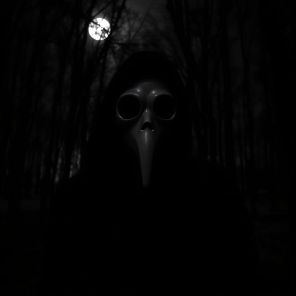 A person wearing a plague doctor mask stands against the backdrop of a black and white forest at night