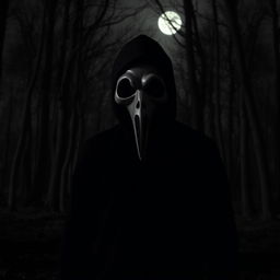 A person wearing a plague doctor mask stands against the backdrop of a black and white forest at night