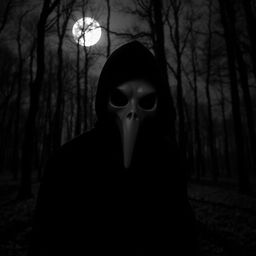 A person wearing a plague doctor mask stands against the backdrop of a black and white forest at night