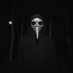 A person wearing a plague doctor mask stands against the backdrop of a black and white forest at night