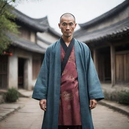 Fang Yuan, a character from Reverend Insanity, situated in a quaint, rustic village. He is wearing traditional Chinese-inspired attire, with a well-weathered face, sharp eyes, and an aura of innate wisdom surrounding him.