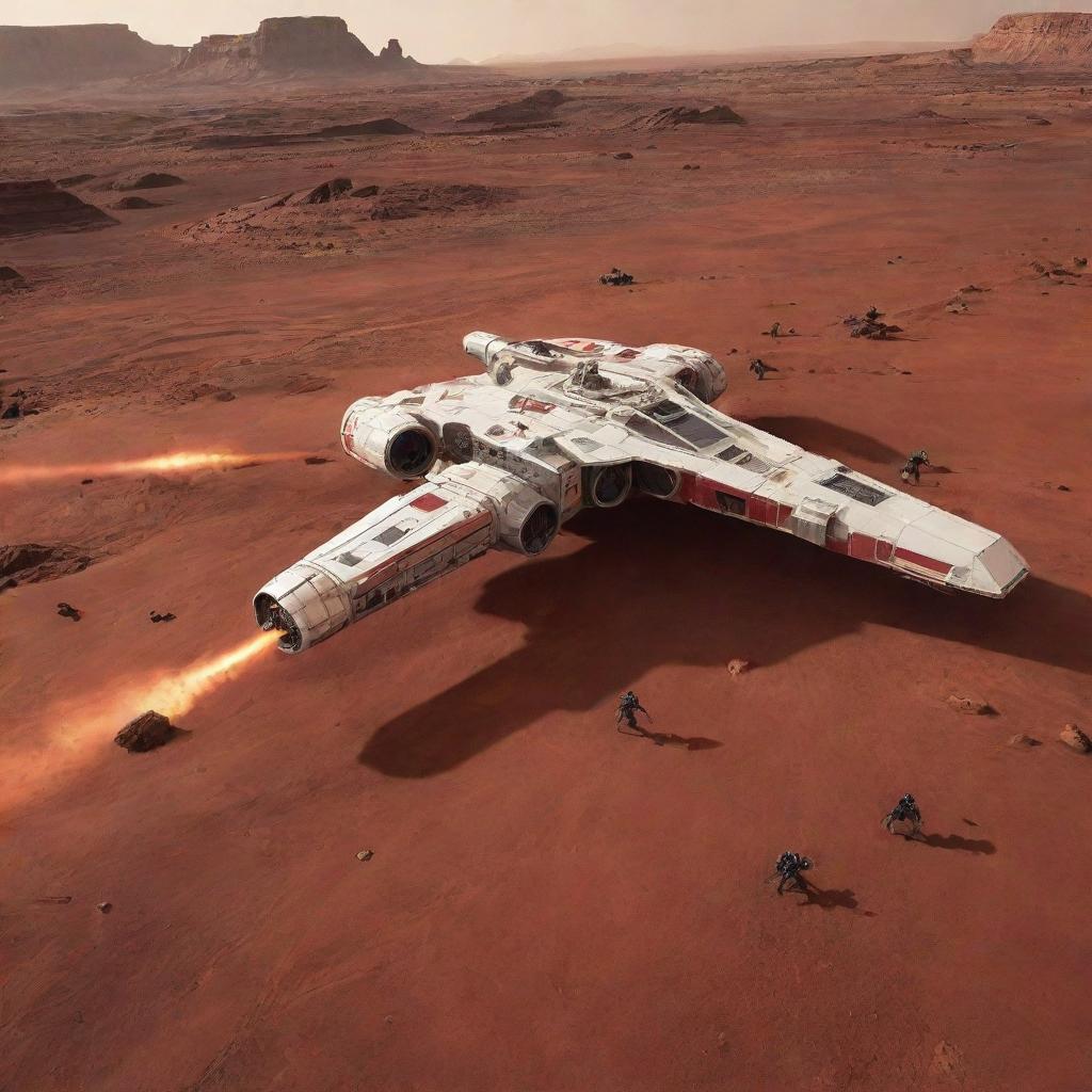 An epic Star Wars inspired battle unfolding on the rugged red surface of Planet Mars, with futuristic spacecraft, brave heroes, evil villains, and laser weapons