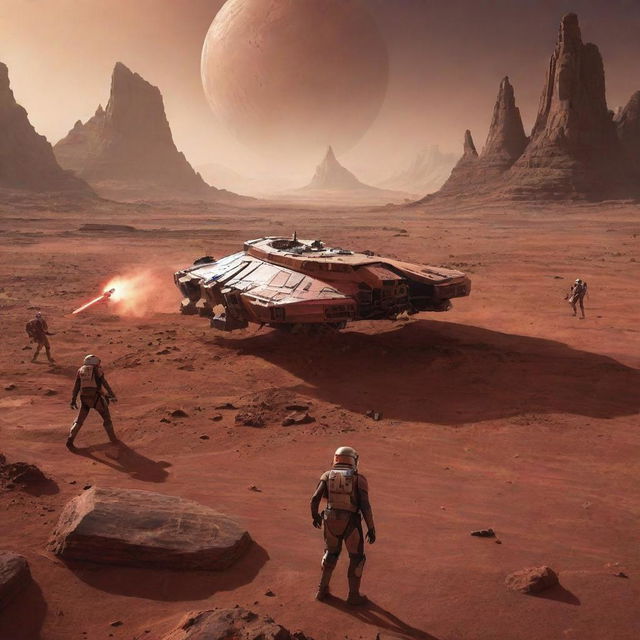 An epic Star Wars inspired battle unfolding on the rugged red surface of Planet Mars, with futuristic spacecraft, brave heroes, evil villains, and laser weapons