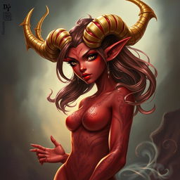 A detailed illustration of a red female tiefling with gold-tipped horns