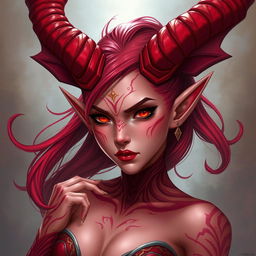 A detailed illustration of a red female tiefling with gold-tipped horns