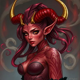 A detailed illustration of a red female tiefling with gold-tipped horns