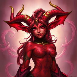 A detailed illustration of a red female tiefling with gold-tipped horns